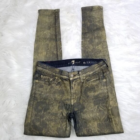 7FAM 7 For All Mankind Womens Size 27 Floral Print Skinny Jeans in Gold Metallic - Picture 4 of 7